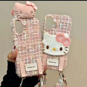 iPhone 16 Case – Pink Tweed Hello Kitty Style with Strap Hooks,Cute & Stylish